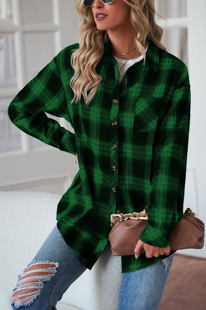 Plaid Button Up Dropped Shoulder Outerwear-Angel Casuals
