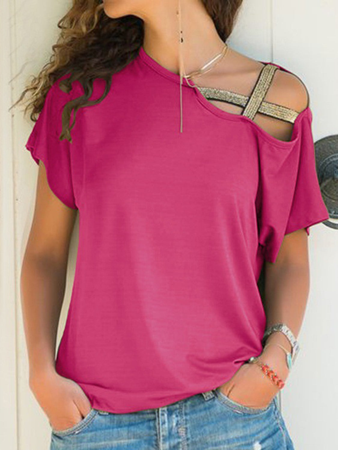 Asymmetrical Neck Short Sleeve T-Shirt-Angel Casuals