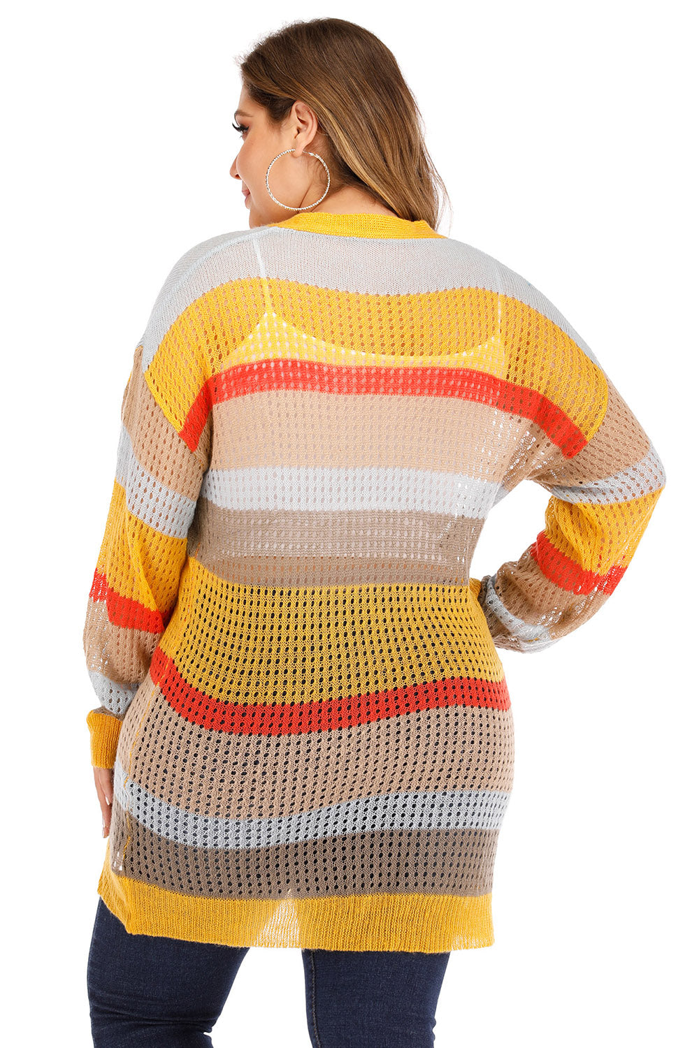Plus Openwork Color Block Button Up Cardigan-Angel Casuals