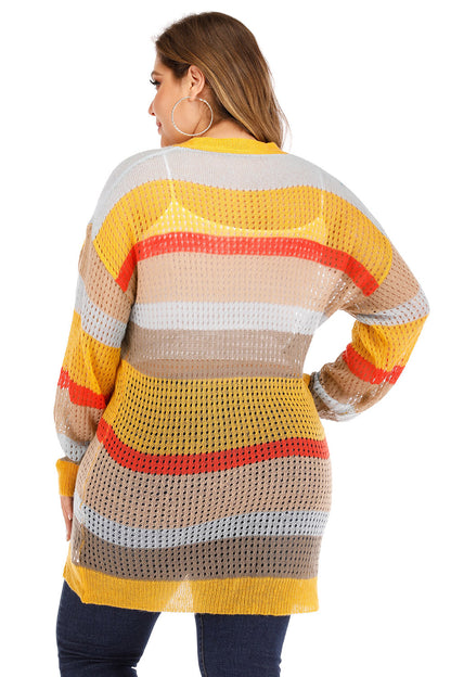 Plus Openwork Color Block Button Up Cardigan-Angel Casuals