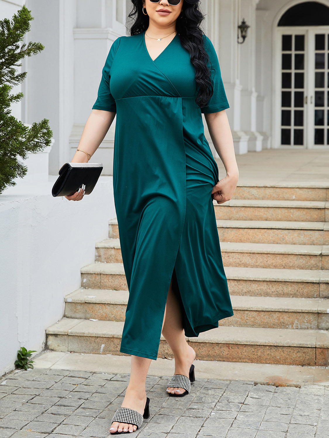 Plus Size Slit Surplice Short Sleeve Midi Dress-Angel Casuals