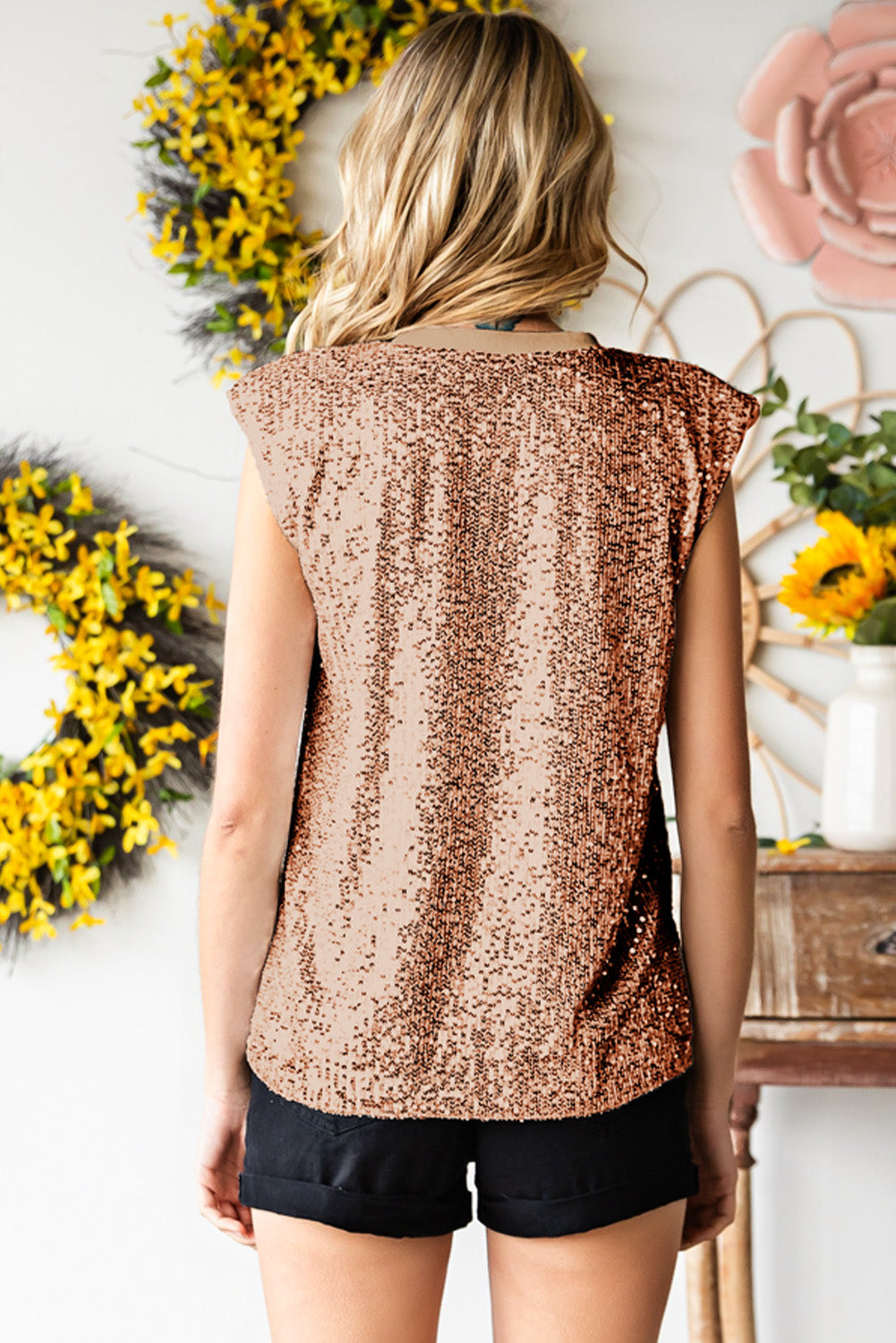 Sequin Round Neck Capped Sleeve Tank-Angel Casuals