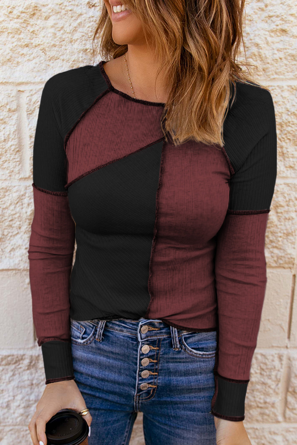Color Block Round Neck Long Sleeve T-Shirt-Angel Casuals