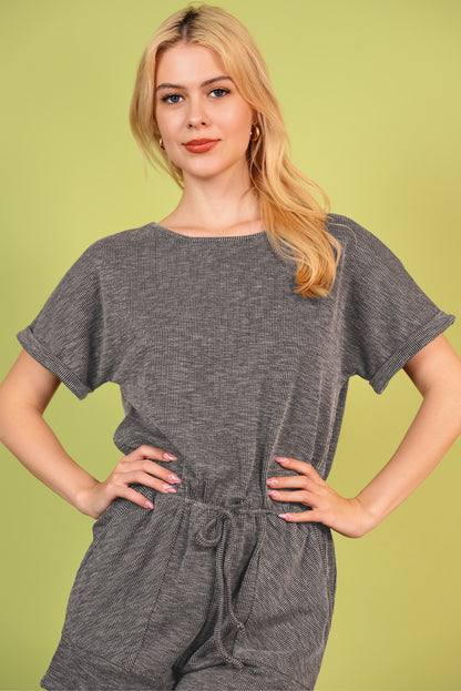 Round Neck Short Sleeve Romper with Pockets-Angel Casuals