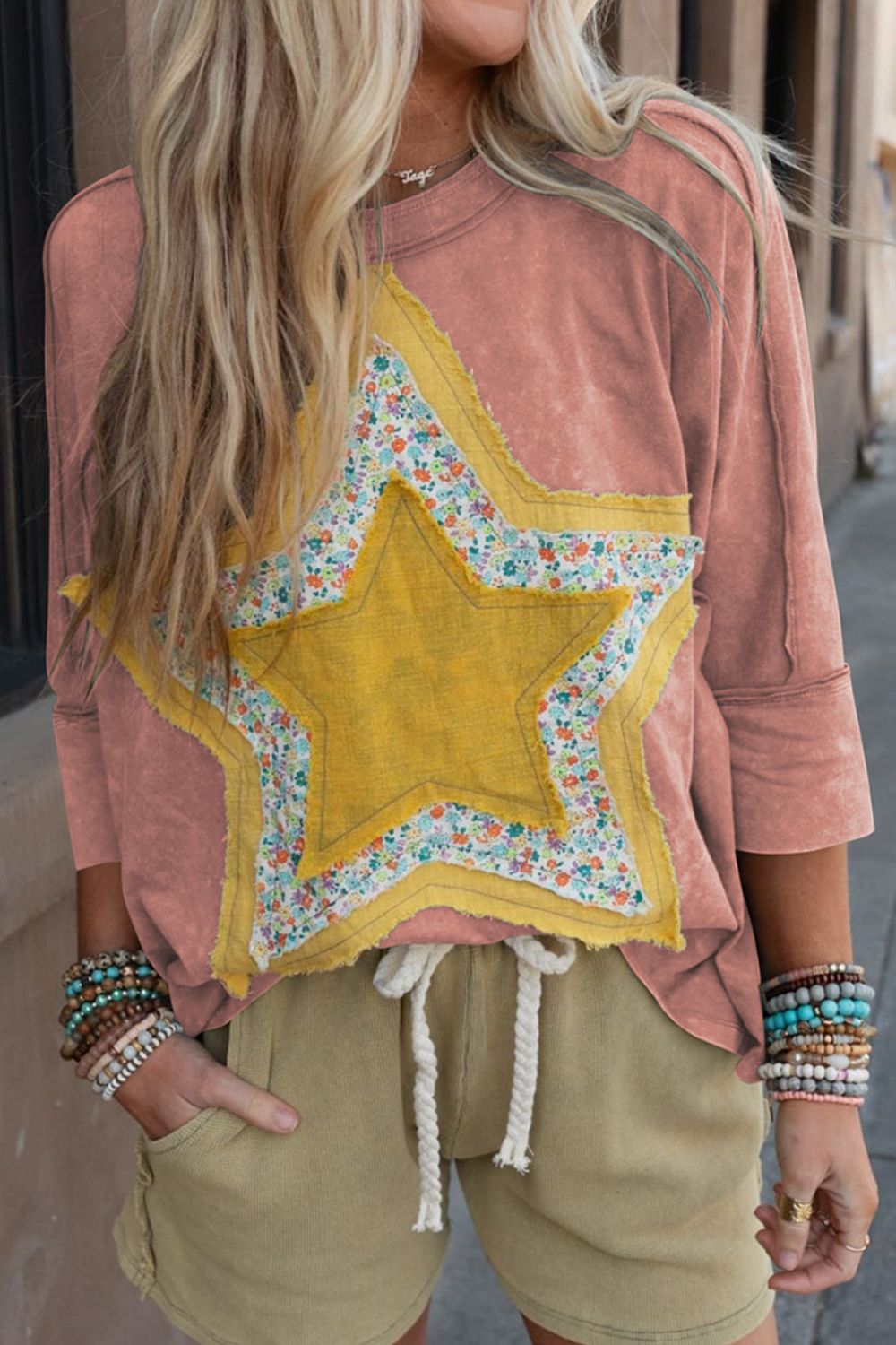 Star Applique Round Neck T-Shirt-Angel Casuals
