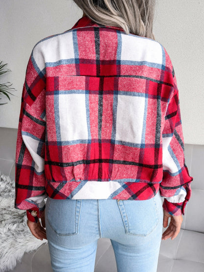 Plaid Collared Neck Long Sleeve Jacket-Angel Casuals