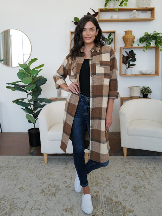 FAM-FAM Plaid Collared Neck Long Sleeve Longline Jacket-Angel Casuals