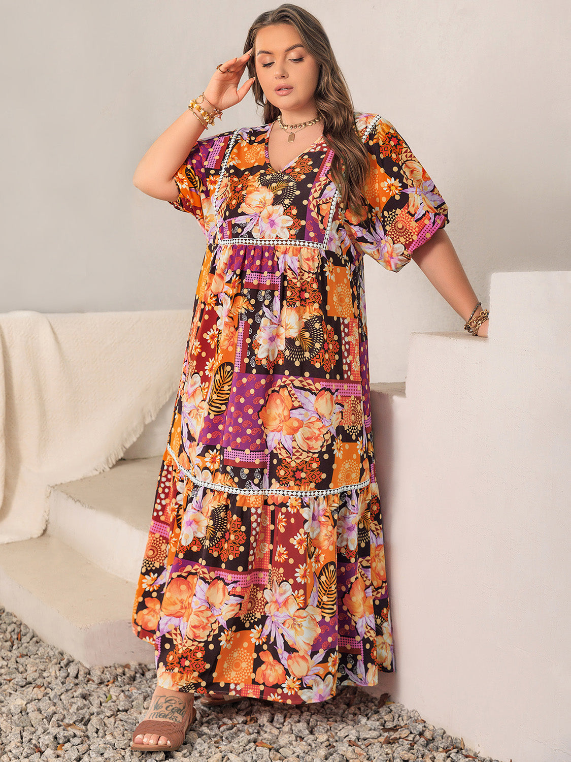 Plus Size Printed V-Neck Half Sleeve Maxi Dress-Angel Casuals