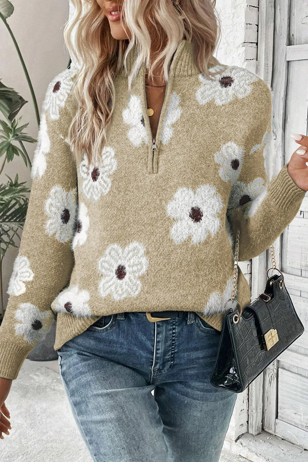 Flower Half Zip Long Sleeve Sweater-Angel Casuals