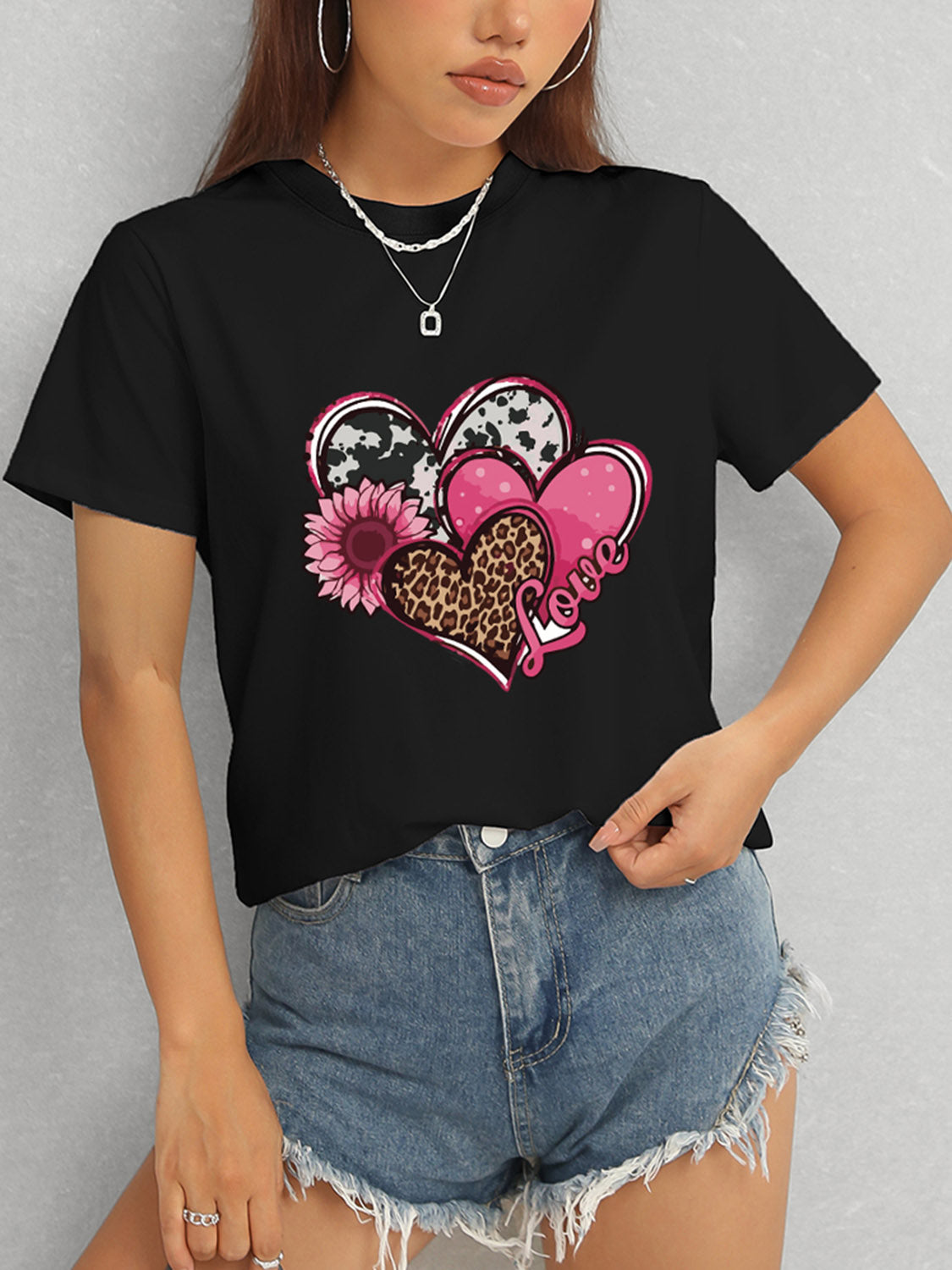 Heart Round Neck Short Sleeve T-Shirt-Angel Casuals