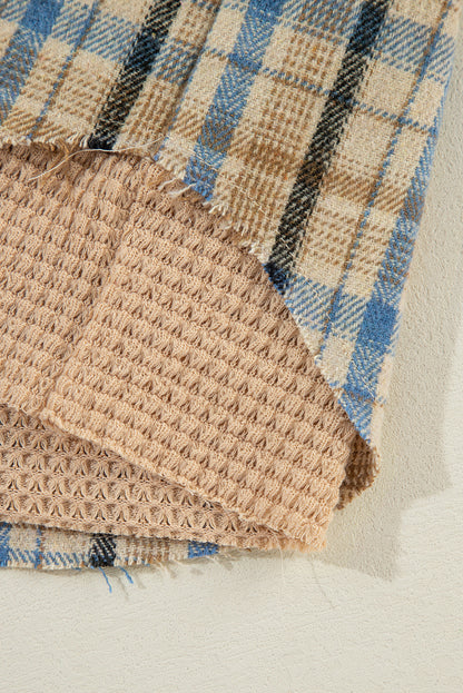 Drawstring Waffle Knit Patchwork Hooded Plaid Shacket-Angel Casuals