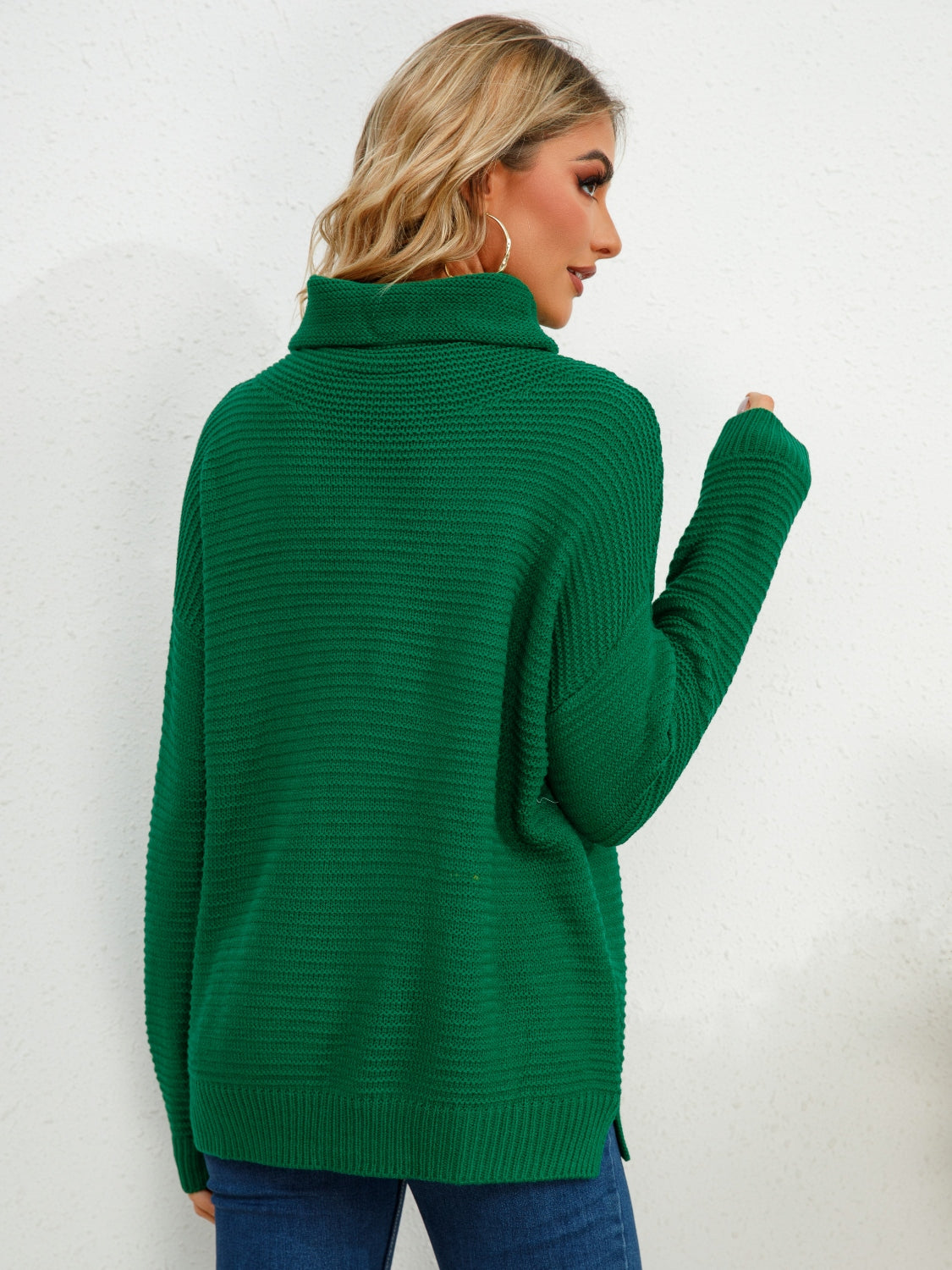 Slit Turtleneck Dropped Shoulder Sweater-Angel Casuals