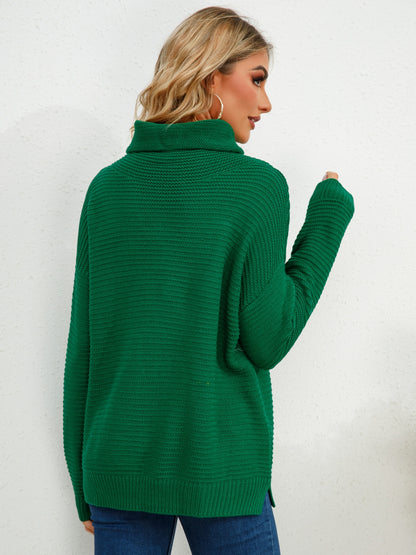 Slit Turtleneck Dropped Shoulder Sweater-Angel Casuals