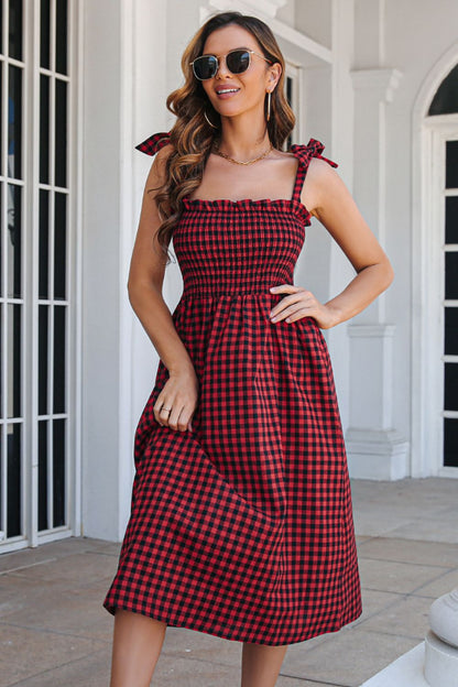 Plaid Frill Trim Tie Shoulder Dress-Angel Casuals