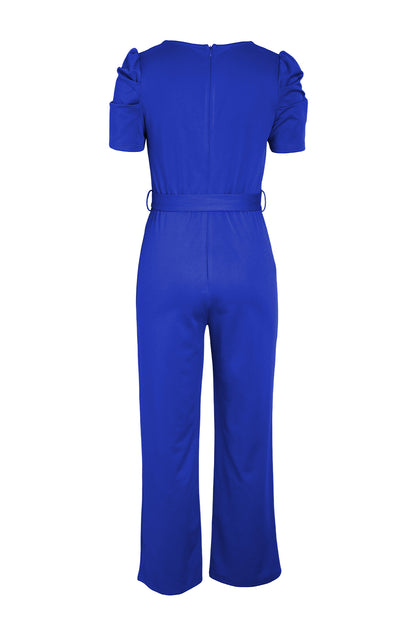 Belted Puff Sleeve V-Neck Jumpsuit-Angel Casuals