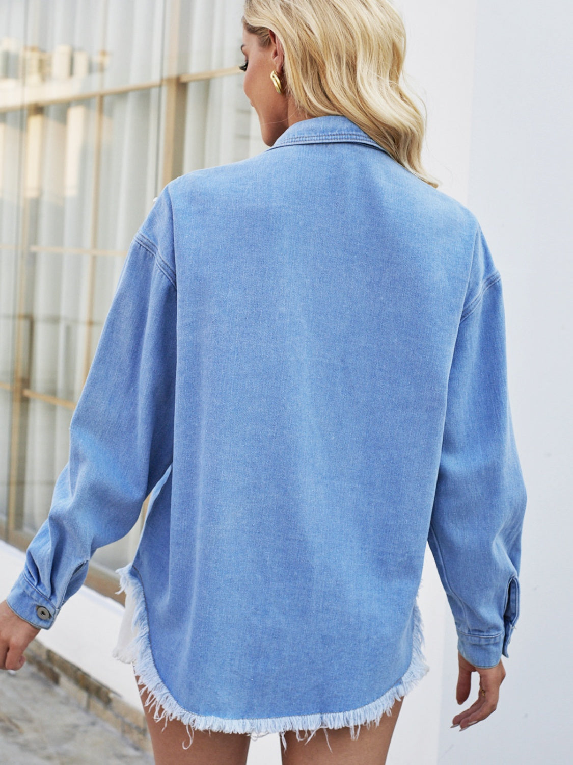 Pearl Detail Pocketed Button Up Denim Jacket-Angel Casuals