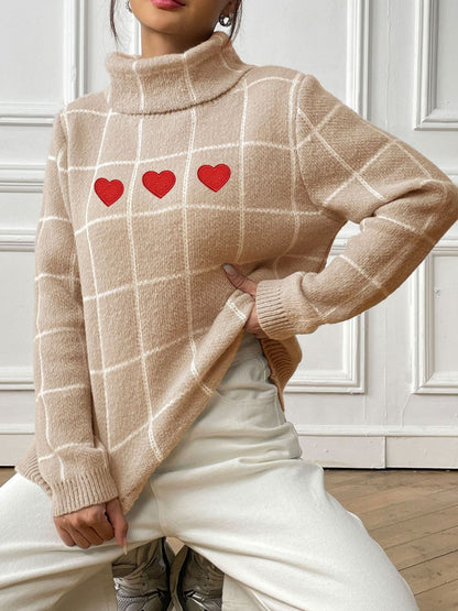 Heart Plaid Turtleneck Long Sleeve Sweater-Angel Casuals