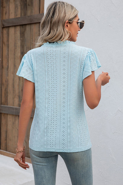 Eyelet Notched Flutter Sleeve T-Shirt-Angel Casuals