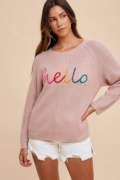 Annie Wear HELLO Embroidered Raglan Sleeve Sweater-Angel Casuals