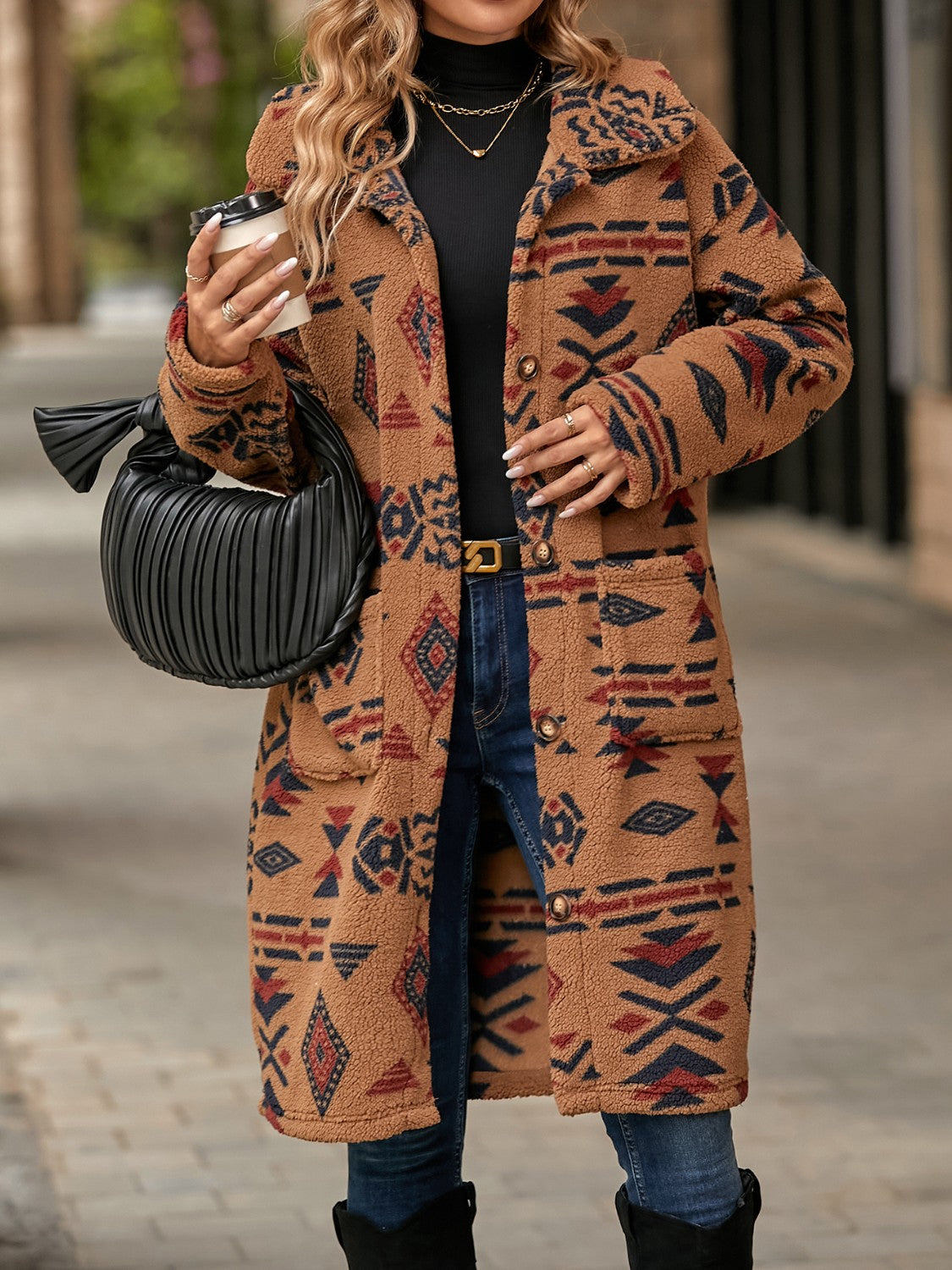 Geometric Pocketed Dropped Shoulder Coat-Angel Casuals