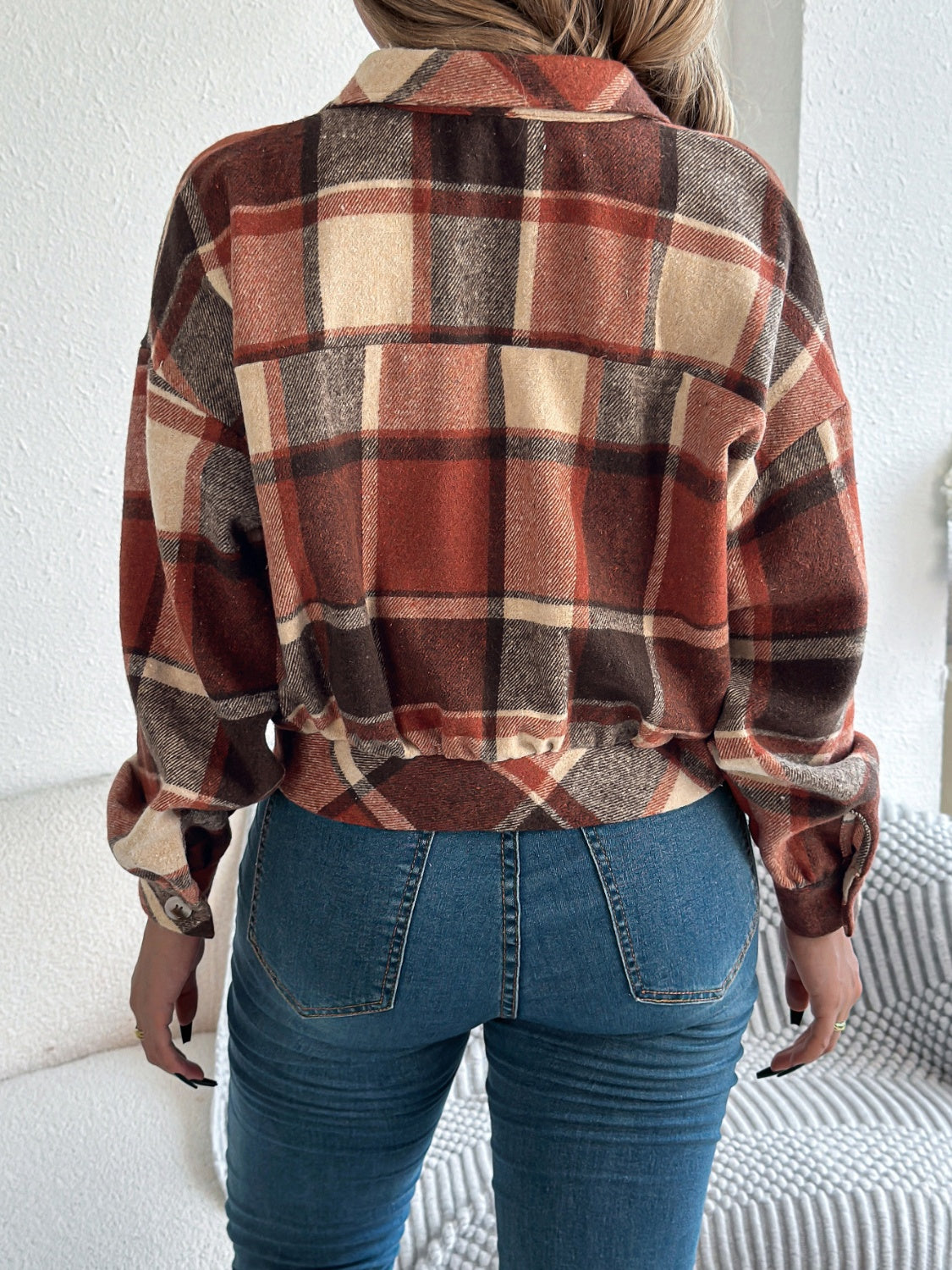 Plaid Button Up Long Sleeve Jacket-Angel Casuals
