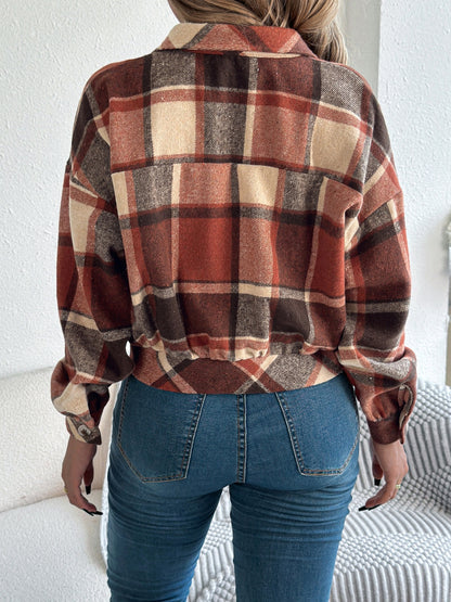 Plaid Button Up Long Sleeve Jacket-Angel Casuals