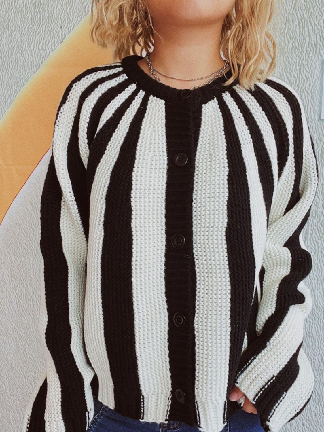 Contrast Stripes Button Down Long Sleeve Cardigan-Angel Casuals