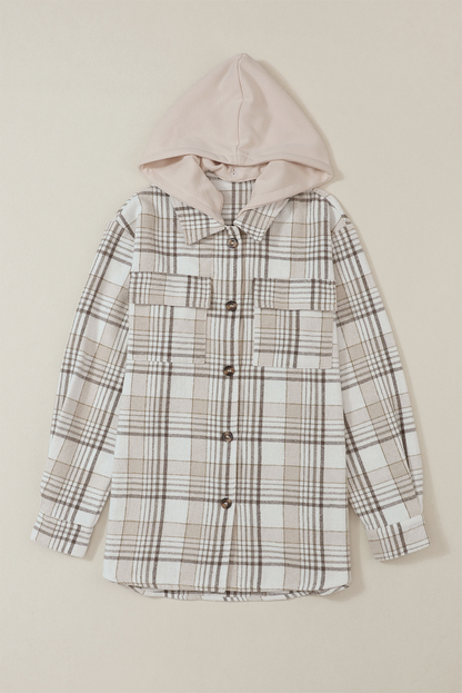 Plaid Removable Hood Button Up Shacket-Angel Casuals