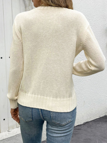 Perfee Openwork Round Neck Long Sleeve Sweater-Angel Casuals