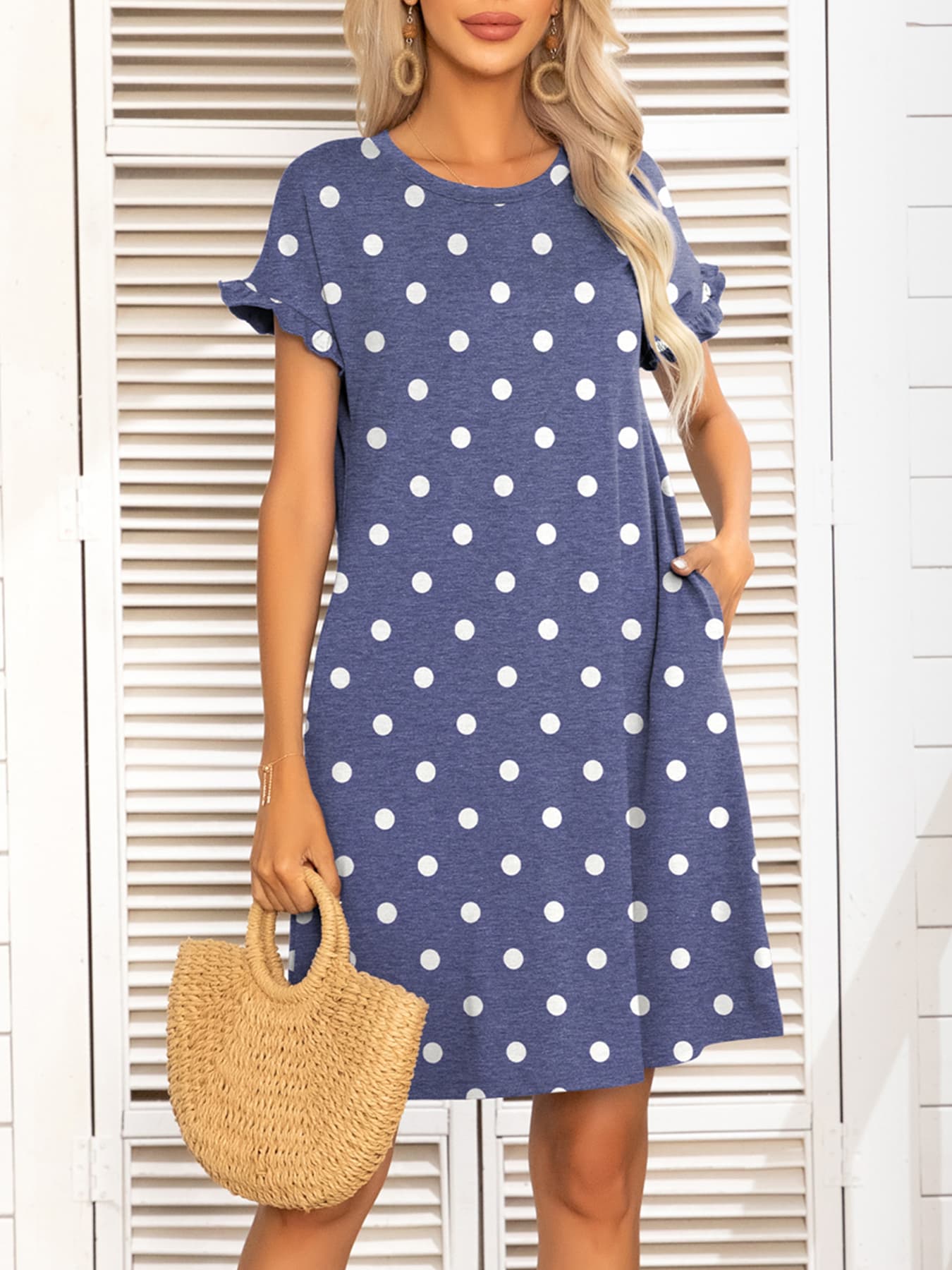 Round Neck Flounce Sleeve Dress with Pockets-Angel Casuals