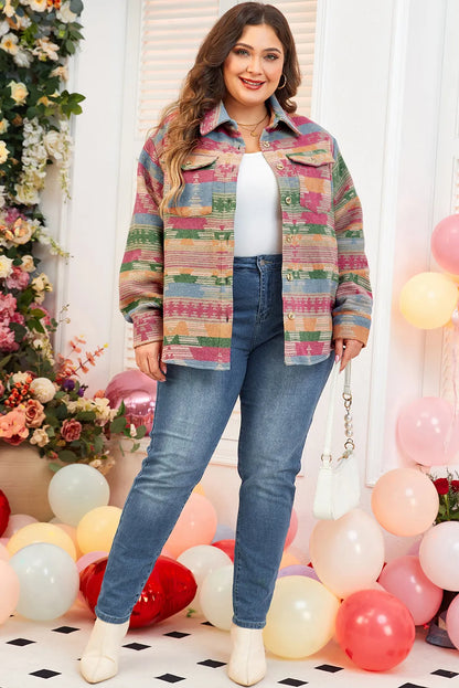 Plus Size Pocketed Printed Collared Neck Jacket-Angel Casuals