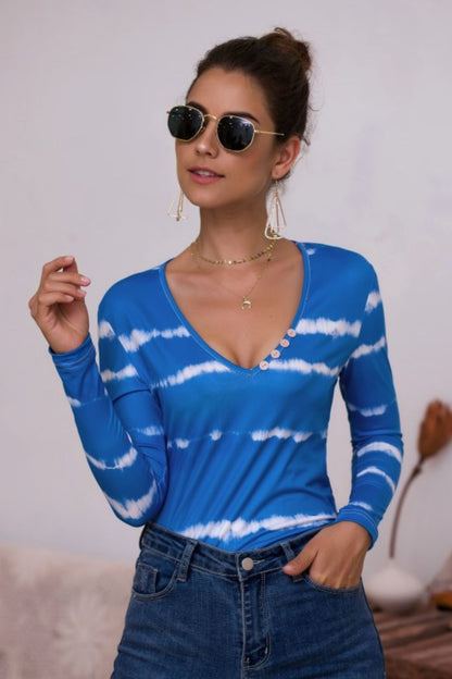 Tie-Dye Plunge Long Sleeve Top-Angel Casuals