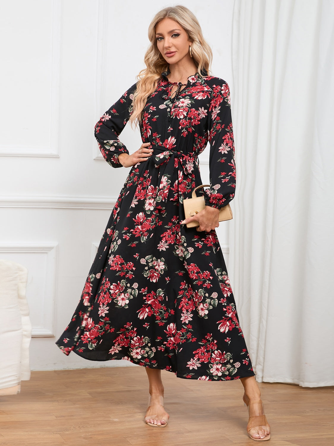 Floral Tie Front Balloon Sleeve Dress-Angel Casuals