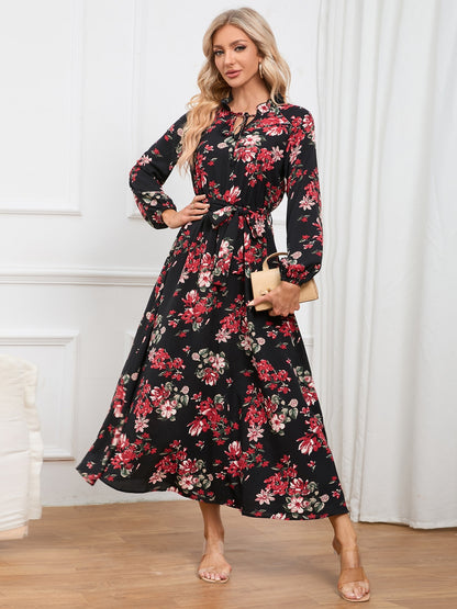 Floral Tie Front Balloon Sleeve Dress-Angel Casuals