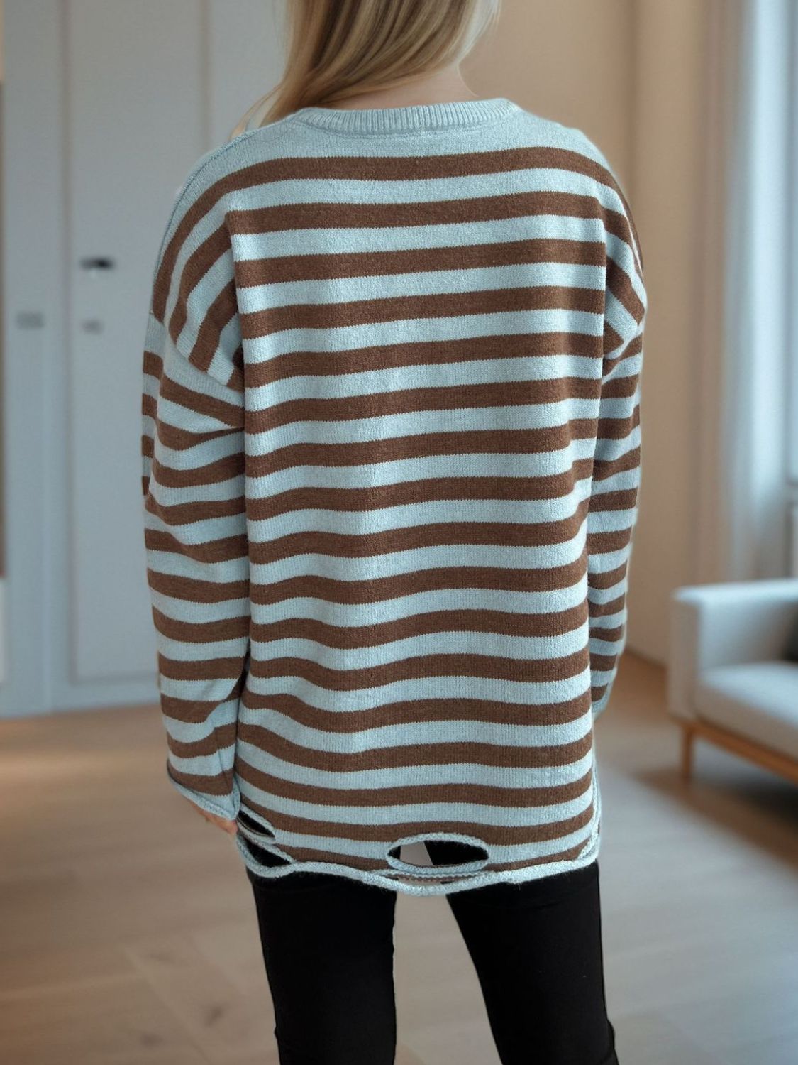 Distressed Striped Round Neck Long Sleeve Sweater-Angel Casuals