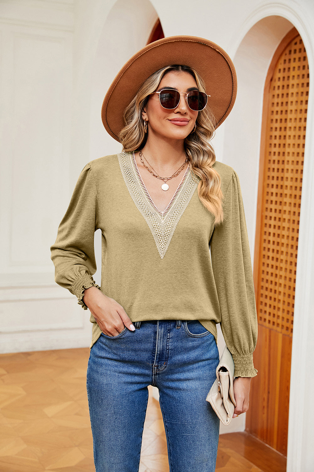 Contrast V-Neck Long Sleeve Top-Angel Casuals