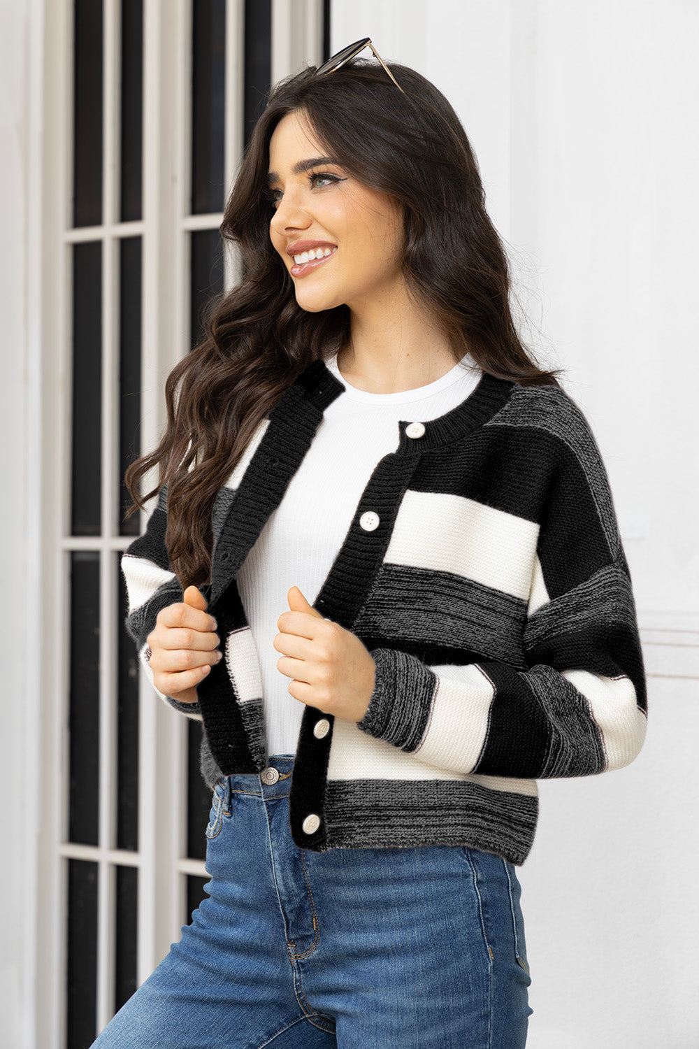 Striped Button Up Long Sleeve Cardigan-Angel Casuals