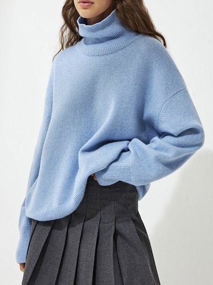 Ribbed Detail Turtleneck Dropped Shoulder Sweater-Angel Casuals