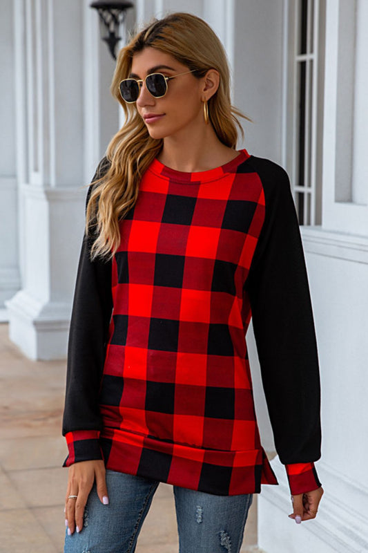 Plaid Round Neck Long Sleeve T-Shirt-Angel Casuals