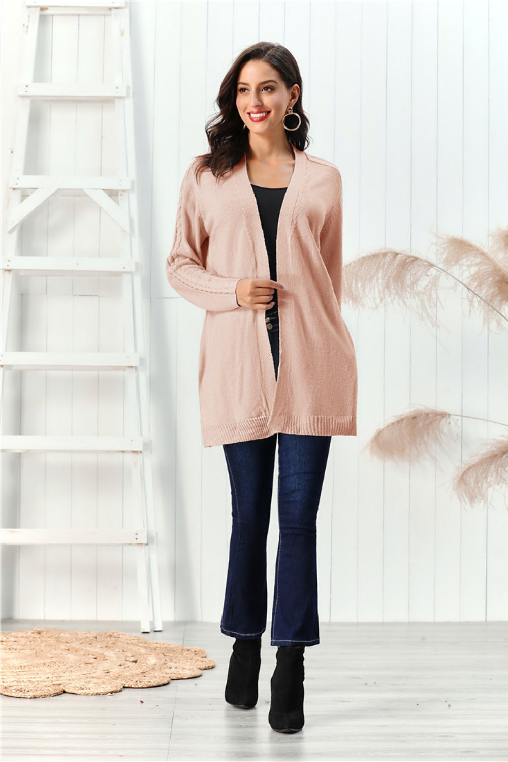 Cable-Knit Open Front Long Sleeve Cardigan-Angel Casuals