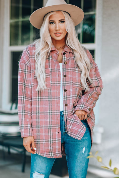 Plaid Curved Hem Dropped Shoulder Longline Shirt Jacket-Angel Casuals