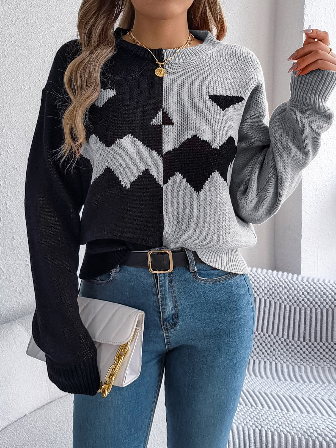 Contrast Round Neck Long Sleeve Sweater-Angel Casuals