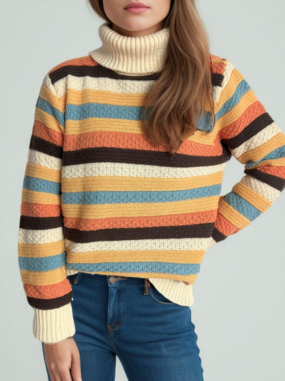 Contrast Stripes Turtleneck Long Sleeve Sweater-Angel Casuals