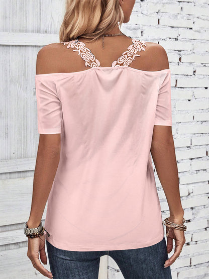 Full Size Lace Detail Short Sleeve T-Shirt-Angel Casuals