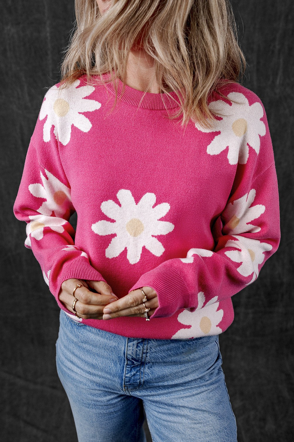 Daisy Round Neck Dropped Shoulder Sweater-Angel Casuals