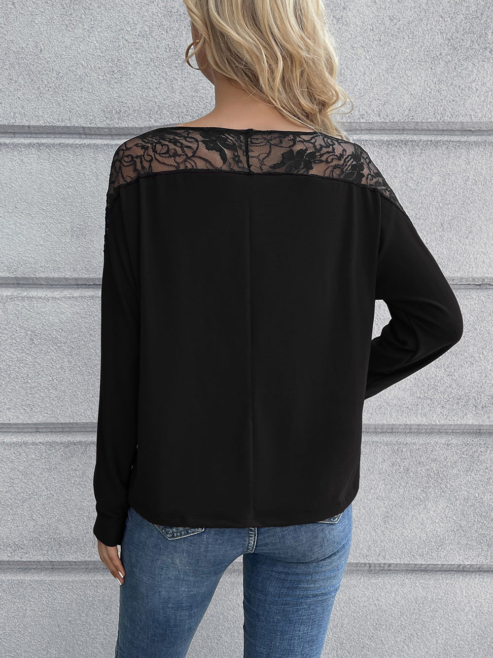 Lace Long Sleeve Round Neck Tee-Angel Casuals