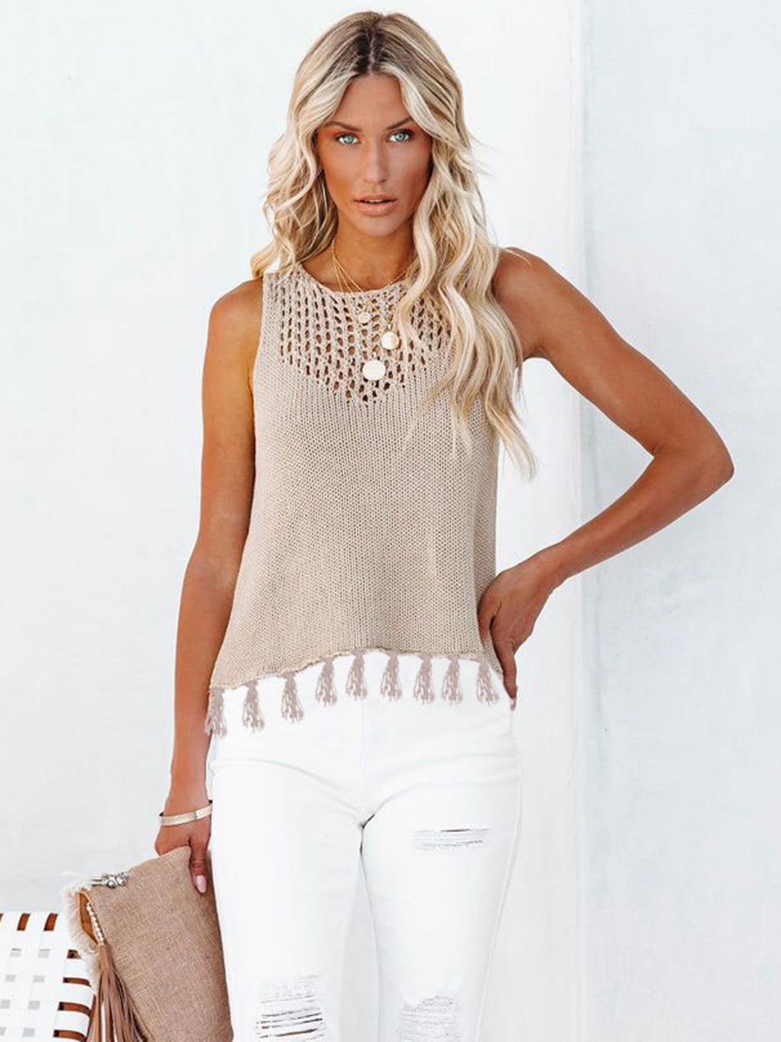 Cutout Tassel Round Neck Tank-Angel Casuals