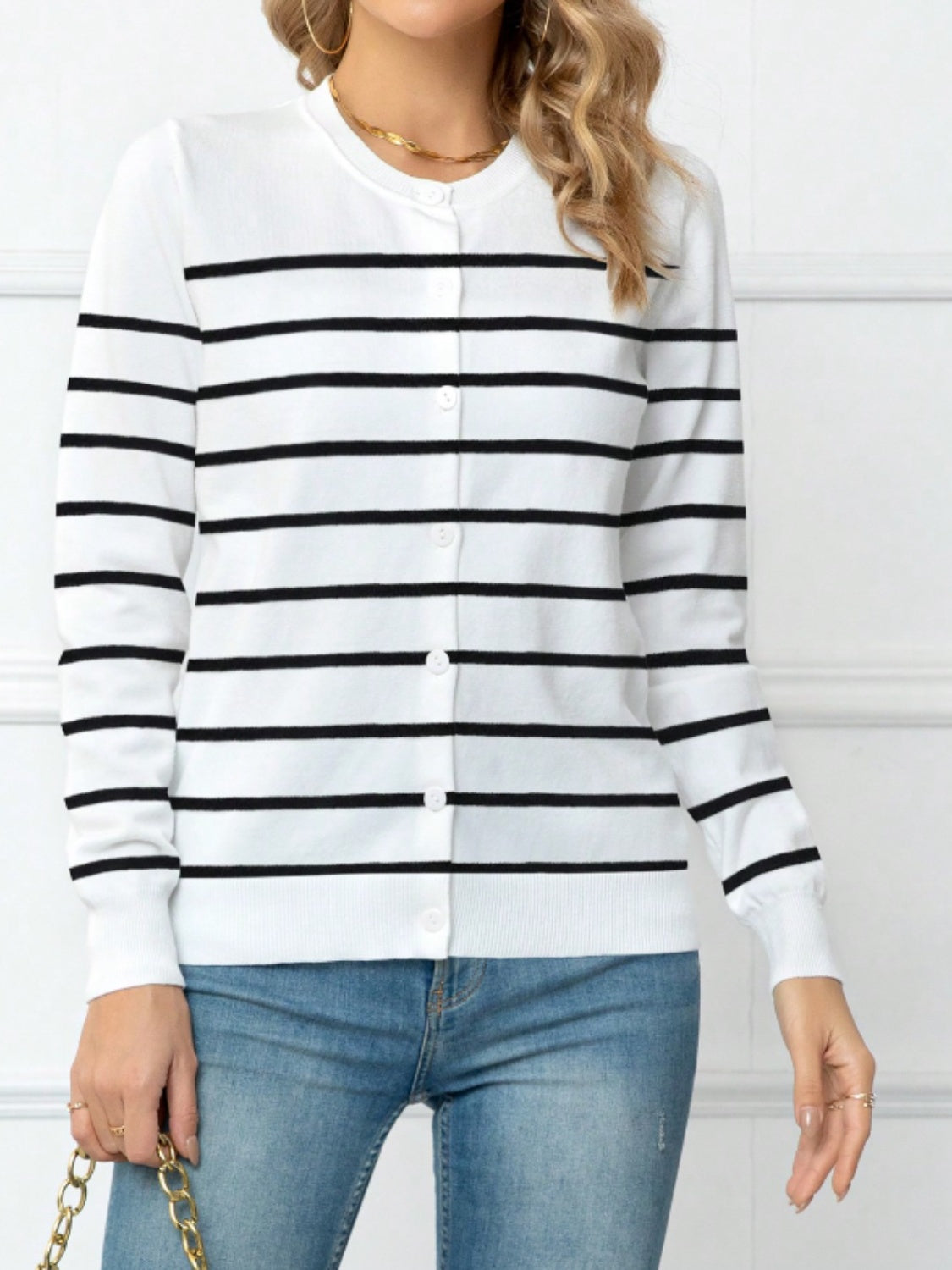 Striped Round Neck Button Up Cardigan-Angel Casuals