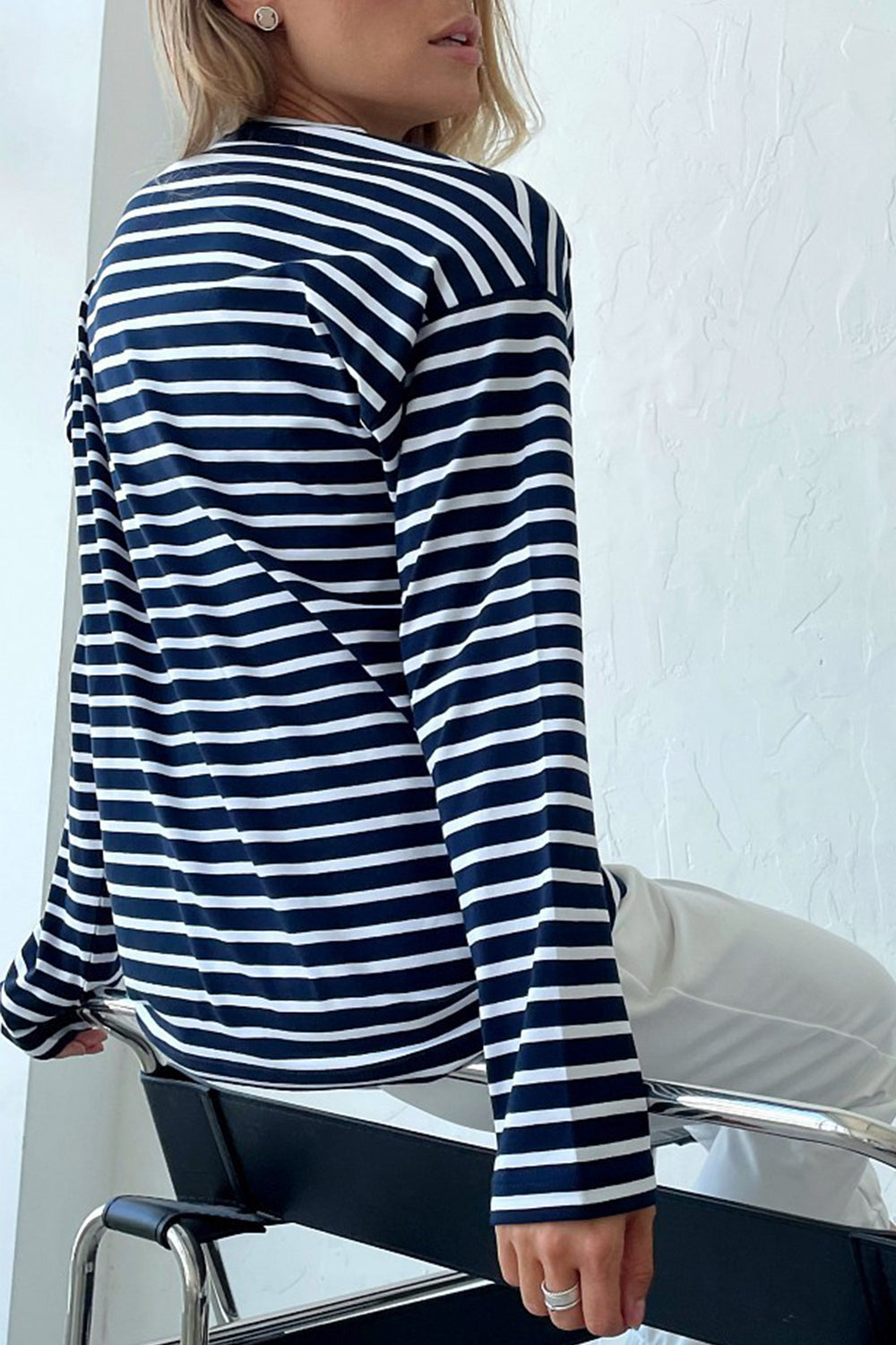 Round Neck Striped Dropped Shoulder T-Shirt-Angel Casuals