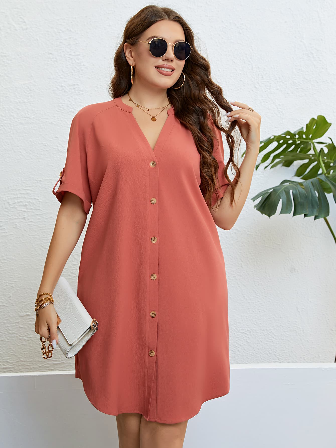 Plus Size Buttoned Notched Neck Shift Dress-Angel Casuals